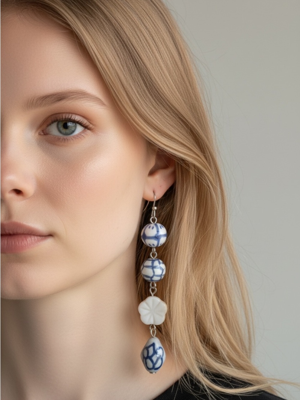 10/14 Handcrafted Blue and White Bead Drop Earrings - Elegant Women’s Jewelry